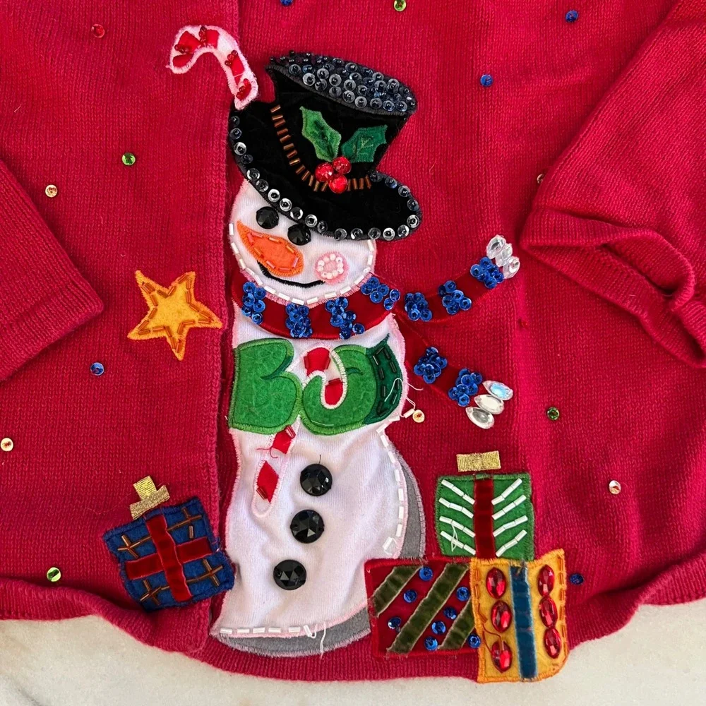 Chadwicks Red Snowman Sequin Beaded Ugly Christmas Sweater Cardigan Womens M‎